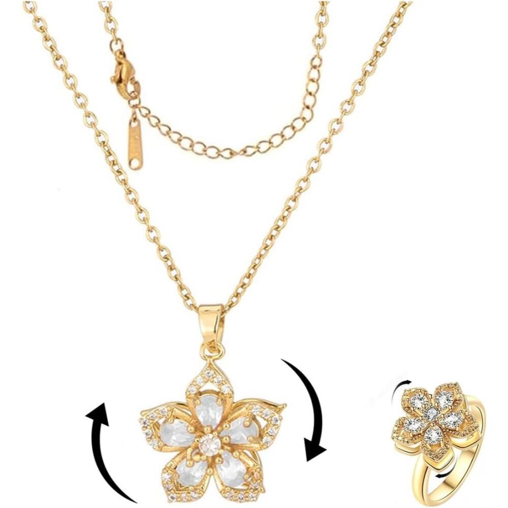 Women Flower Fidget White Set Necklace Rotatable Crystal Blossom Pendant